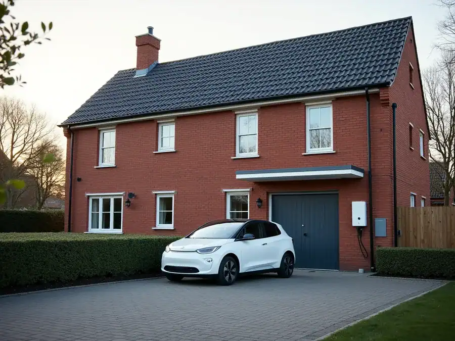 Wallbox aan een Nederlandse woning met elektrische auto op de oprit