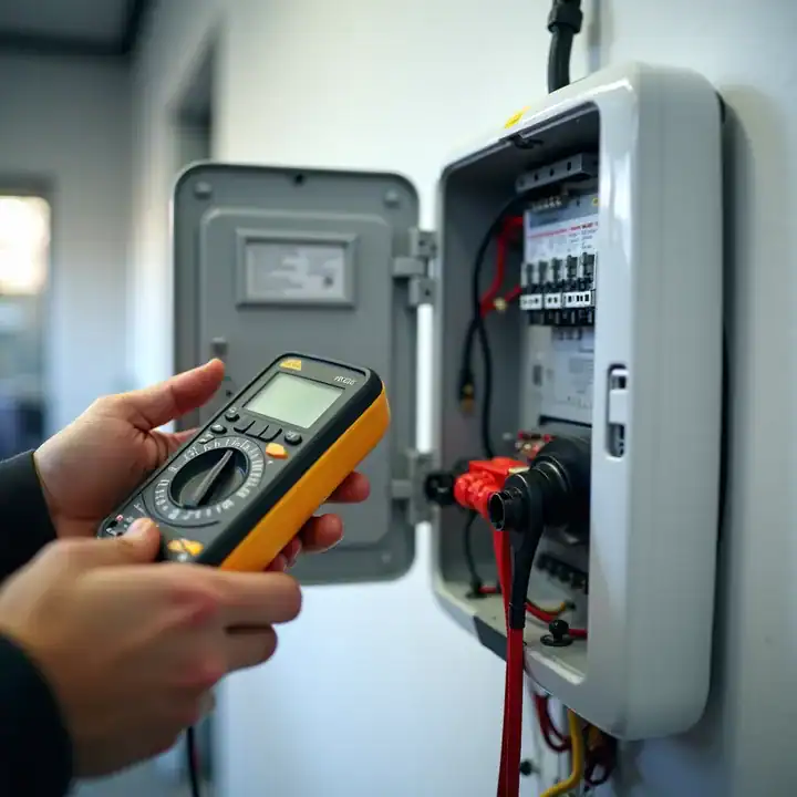 Monteur die een laadpaal nameet met multimeter