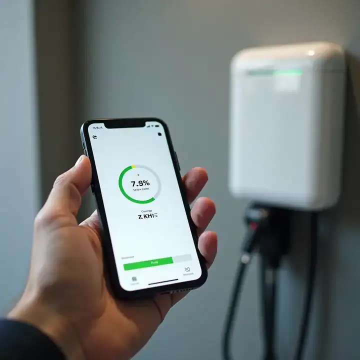 Smartphone die de laadstatus van een wallbox toont
